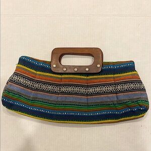 BOHEMIAN Fabric Multi-Coloured Striped Clutch purse with Wooden Handle